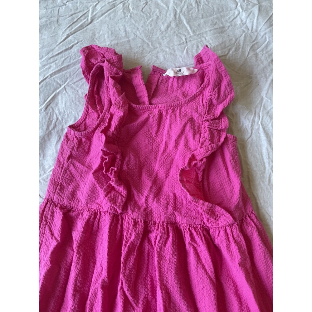 H&M Girls Hot Pink Seersucker Ruffle Tiered Dress Sleeveless Magenta Size 6-8Y